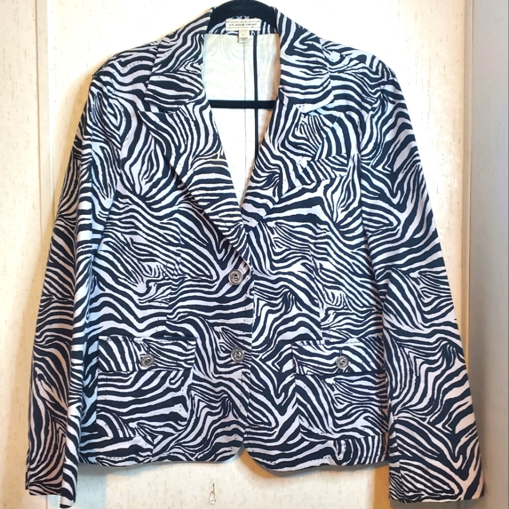 ST JOHN Zebra Print Single Breasted Blazer Cotton Blend Size L Sport Coat